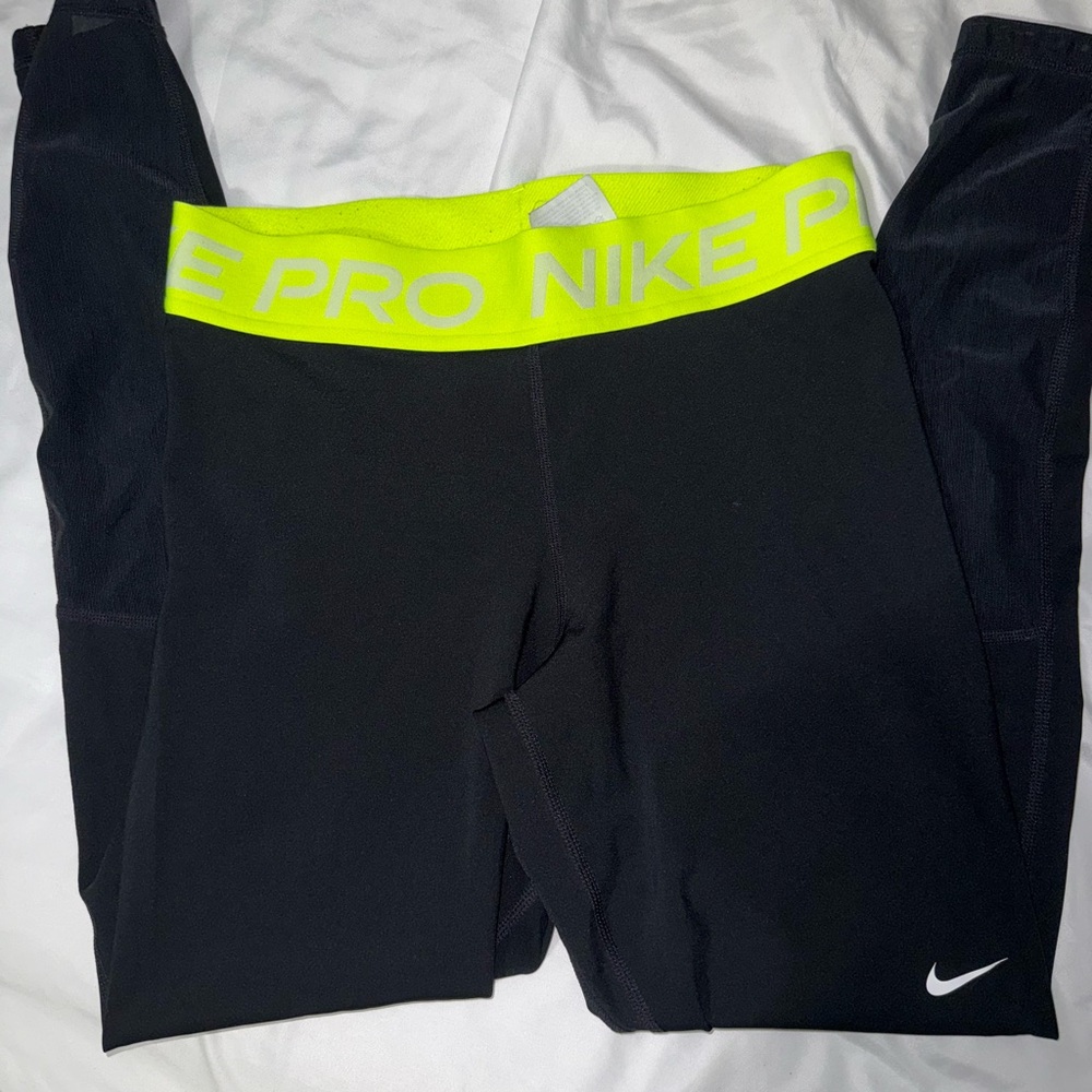 Nike Pro Black Leggings with Neon Yellow Waistband